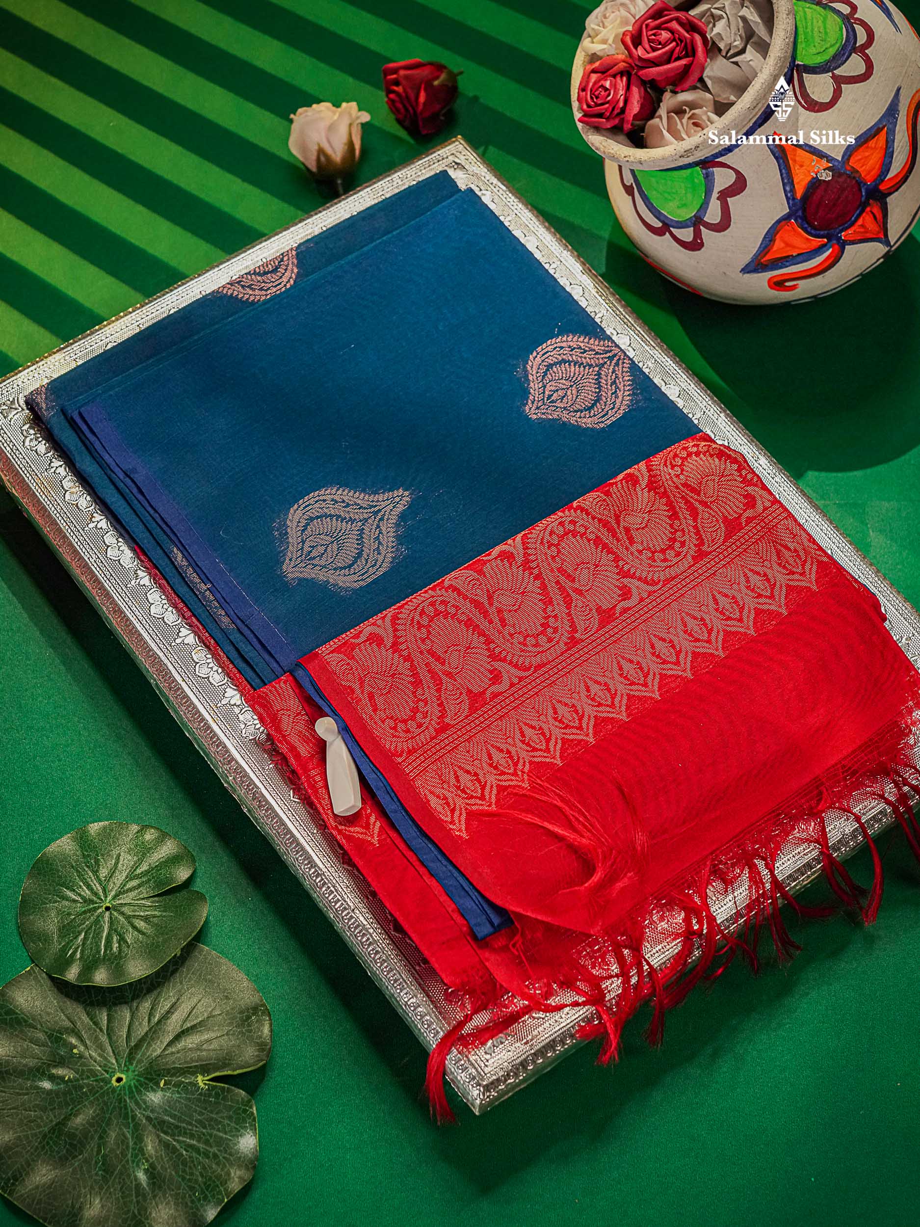 SICO Cotton Saree - Peacock Blue Colour Body Zari Butta With Contrast Red Blouse