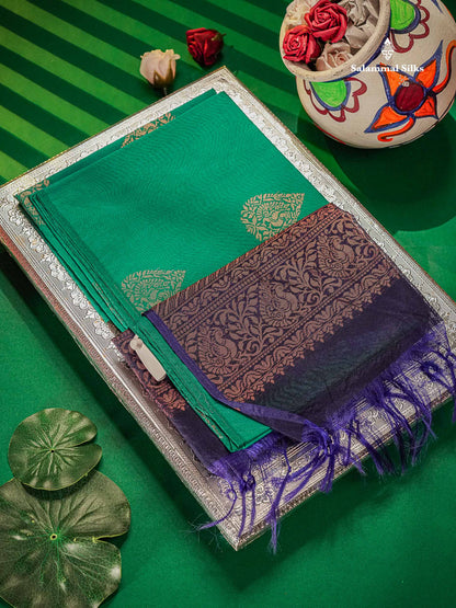 Sapphire Green Beautiful Sico Cotton Saree With Contrast Navy Blue Blouse