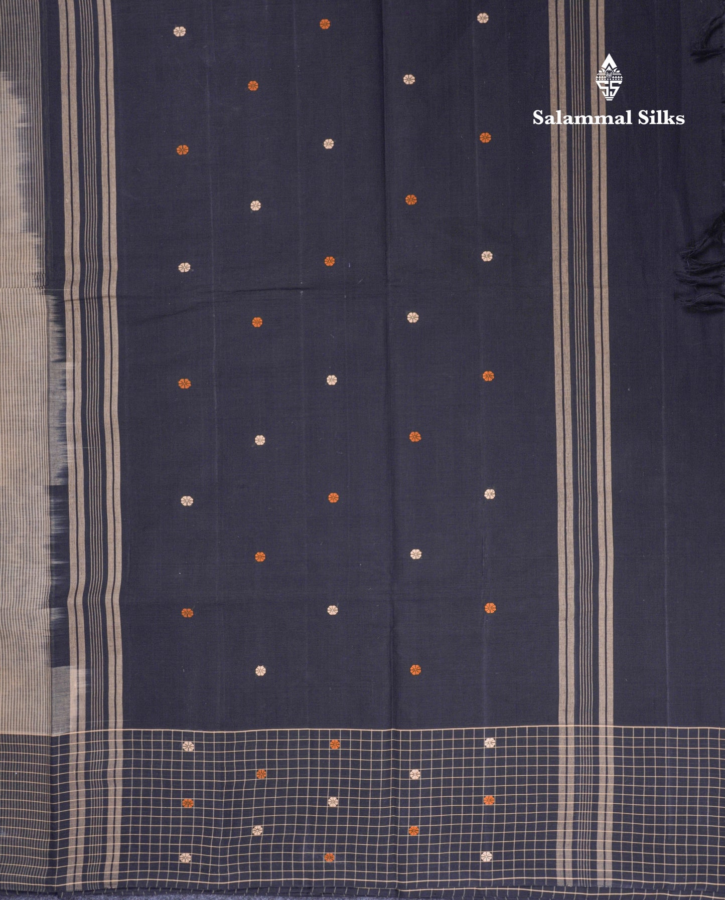 Beautiful Elephant Grey Thread Butta Pure Cotton Saree With Contrast Black Small Checks One Side Border