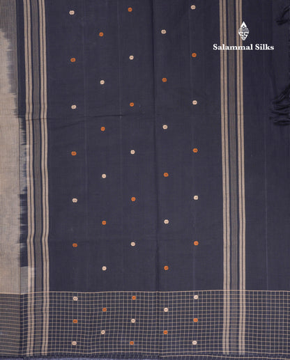 Beautiful Elephant Grey Thread Butta Pure Cotton Saree With Contrast Black Small Checks One Side Border