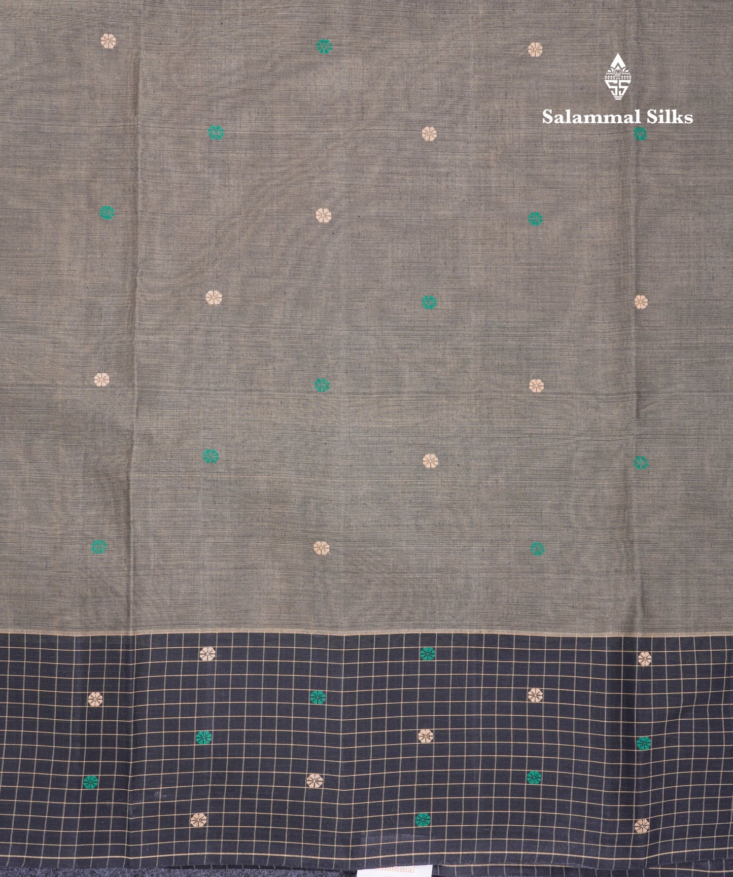 Beautiful Elephant Grey Thread Butta Pure Cotton Saree With Contrast Black Small Checks One Side Border