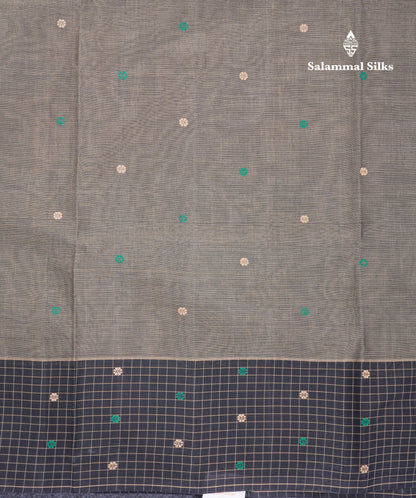 Beautiful Elephant Grey Thread Butta Pure Cotton Saree With Contrast Black Small Checks One Side Border