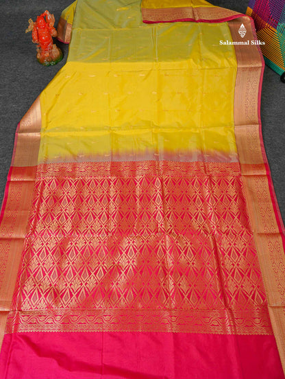 Semi Silk Saree - Lime Yellow Colour Body Zari Butta With Traditional Border | 9.5 Yards 