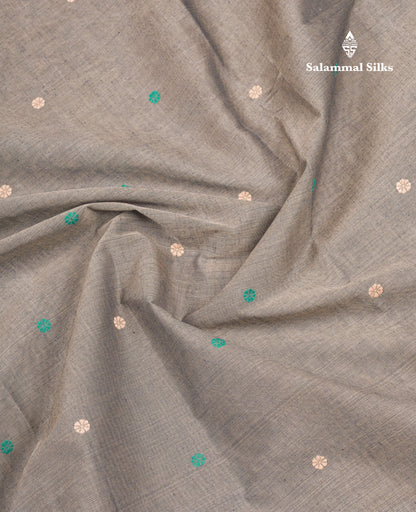 Beautiful Elephant Grey Thread Butta Pure Cotton Saree With Contrast Black Small Checks One Side Border