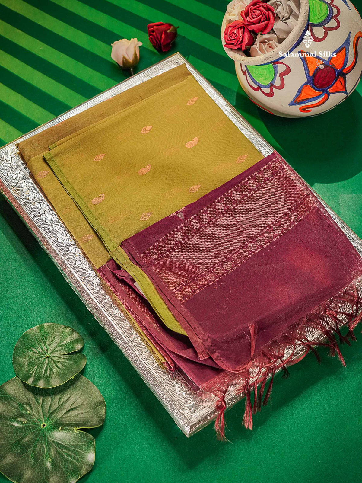 Pista Green Beautiful Sico Cotton Saree With Contrast Wine Colour Blouse