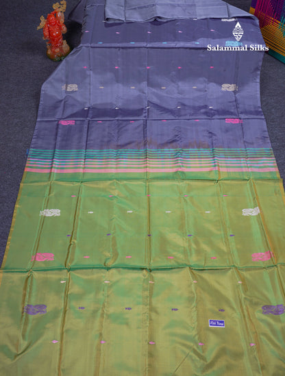 Blueish Grey Thread work Buttas Banana Pinth Saree (Vaazhainaar Pattu) With Contrast Parrot Green Blouse
