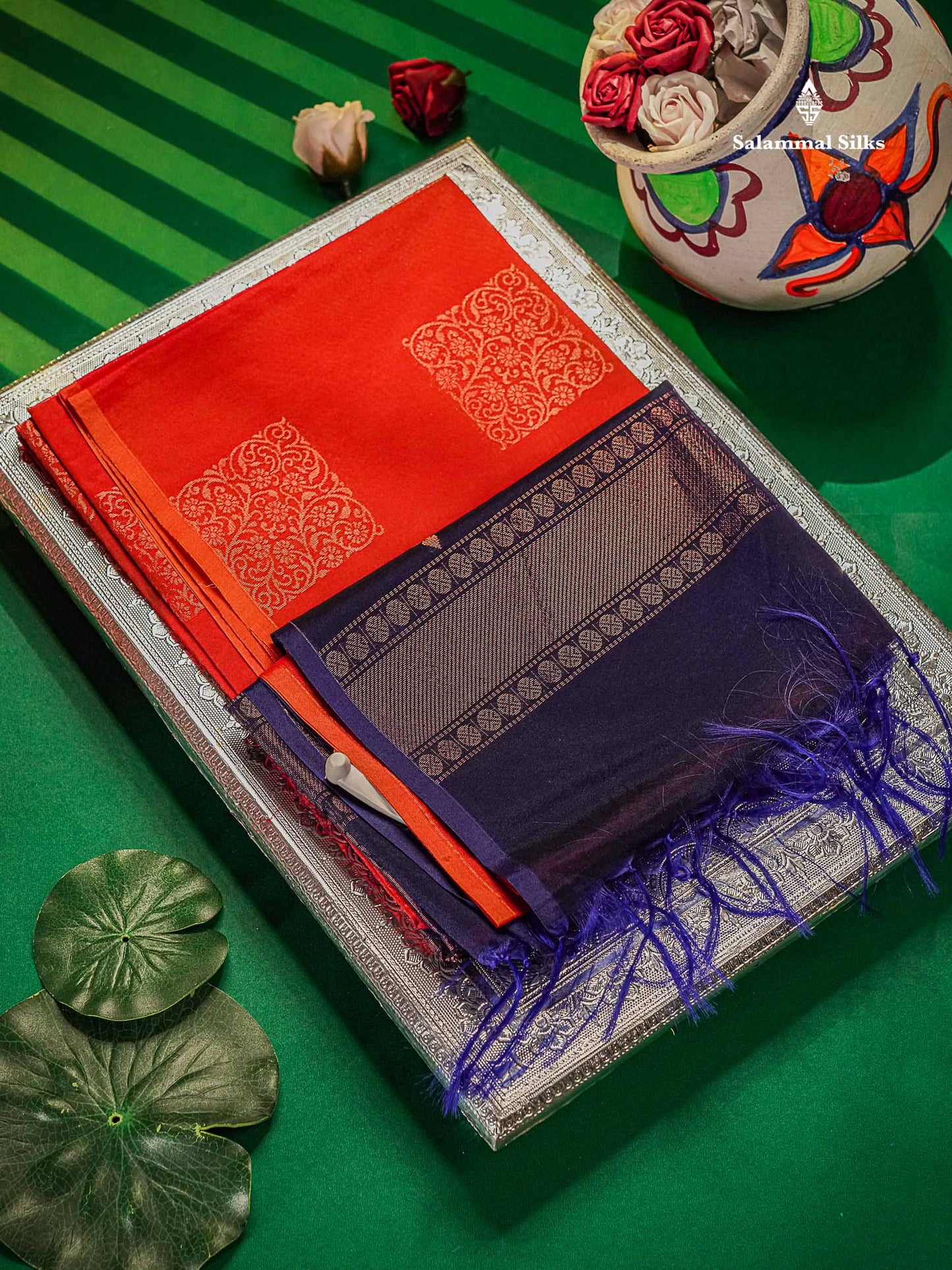 Beautiful Reddish Orange SICO Cotton Saree With Contrast Violet Blouse