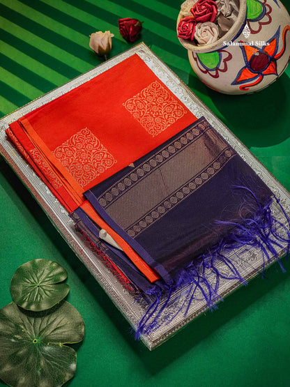 Beautiful Reddish Orange SICO Cotton Saree With Contrast Violet Blouse