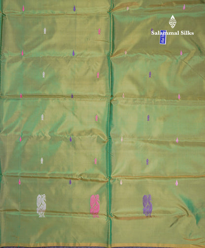 Blueish Grey Thread work Buttas Banana Pinth Saree (Vaazhainaar Pattu) With Contrast Parrot Green Blouse