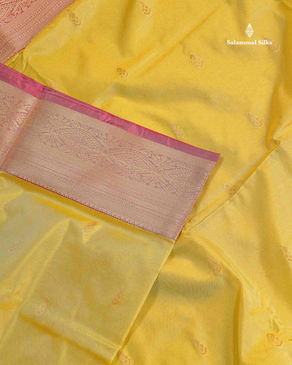 Semi Silk Saree - Lime Yellow Colour Body Zari Butta With Traditional Border | 9.5 Yards