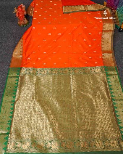 Semi Silk Saree - Orange Colour Body Zari Butta With Traditional Temple Border | 9.5 Yards