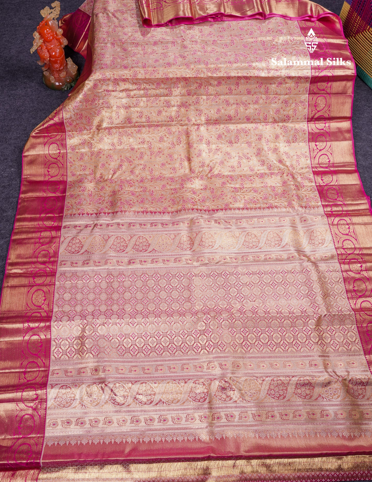 Beautiful Peach Pink Tissue Bridal Menakari Work Pure Kanjivaram Silk Saree With Contrast Magenta Pink Traditional Border
