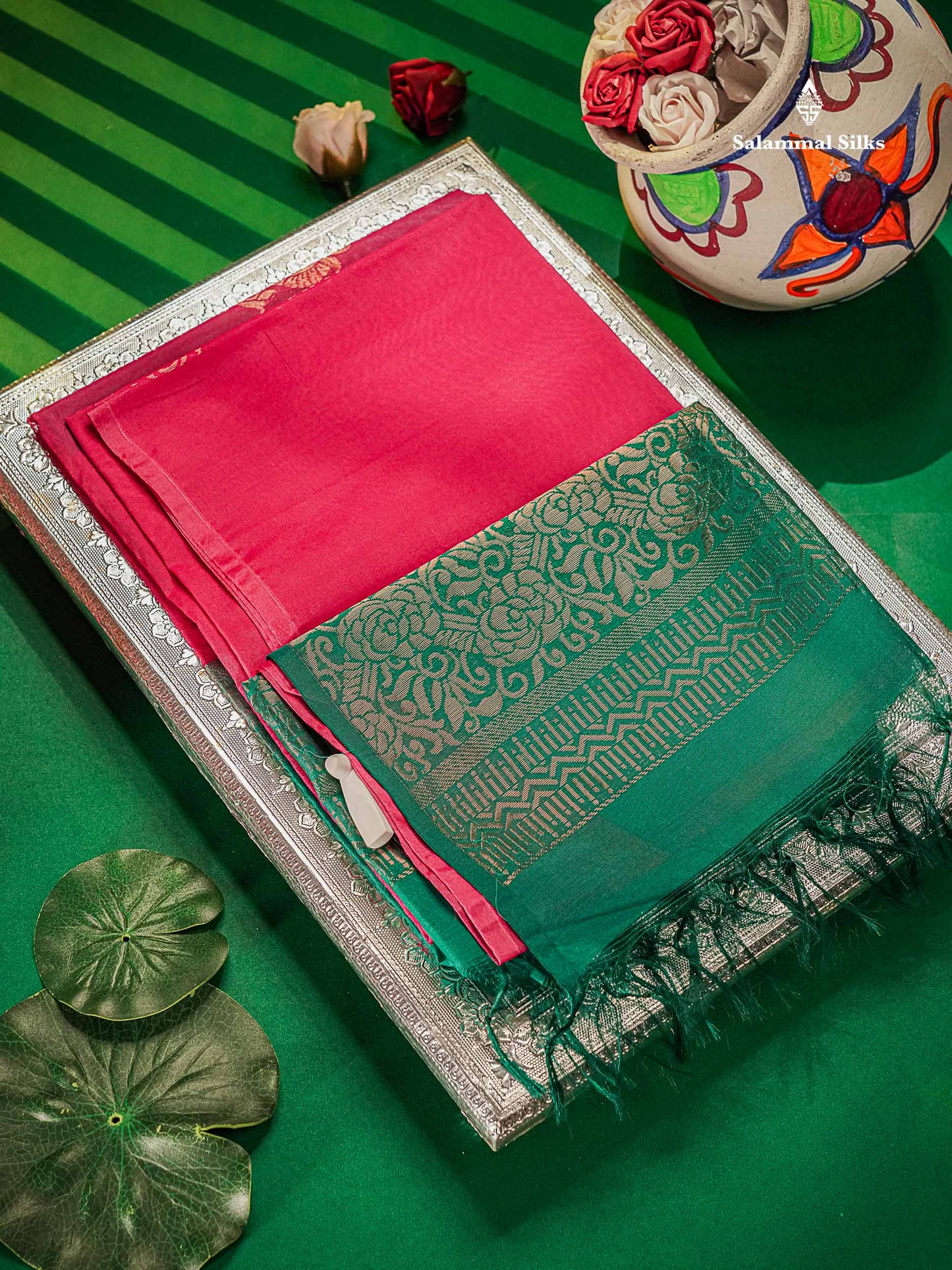 SICO Cotton Saree -Pink Colour Body Zari Butta With Contrast Sapphire Green Blouse