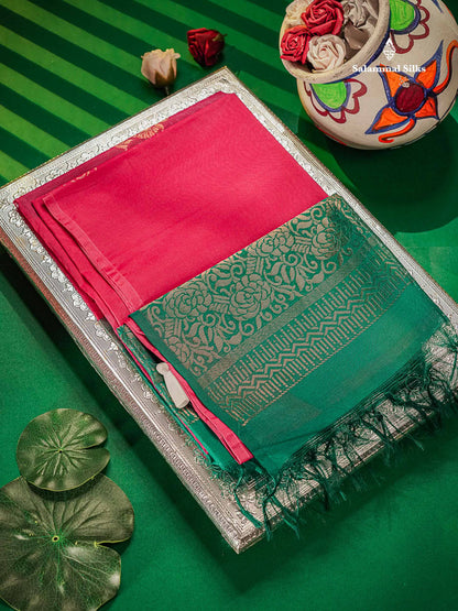 SICO Cotton Saree -Pink Colour Body Zari Butta With Contrast Sapphire Green Blouse