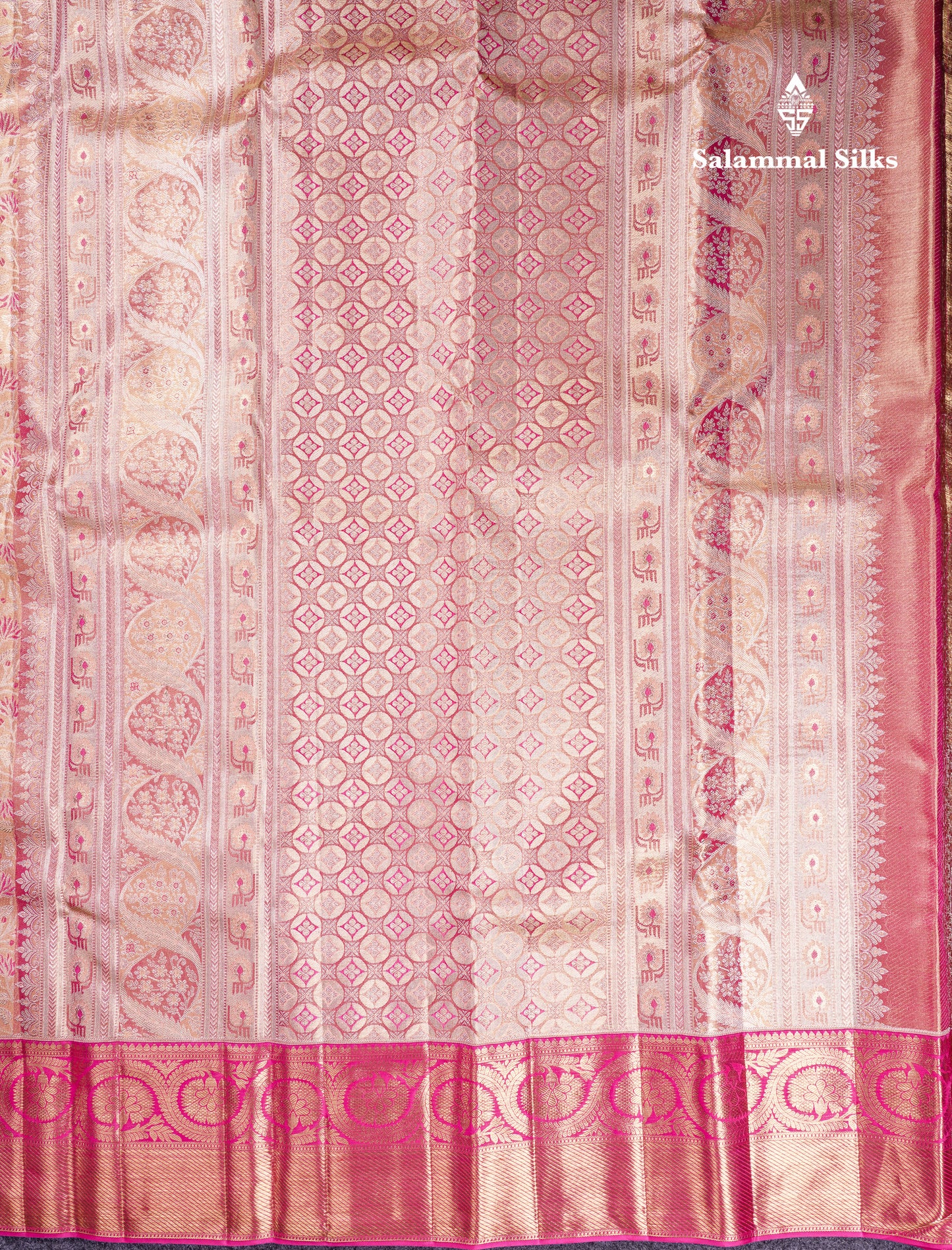 Beautiful Peach Pink Tissue Bridal Menakari Work Pure Kanjivaram Silk Saree With Contrast Magenta Pink Traditional Border