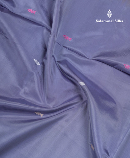 Blueish Grey Thread work Buttas Banana Pinth Saree (Vaazhainaar Pattu) With Contrast Parrot Green Blouse