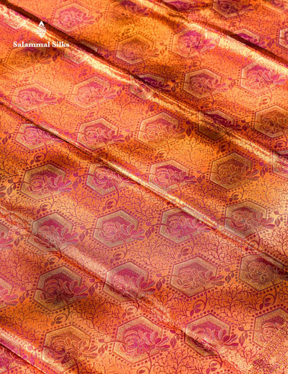 Beautiful Peach Tissue Bridal Menakari Work Fancy Pure Kanjivaram Silk Saree With Contrast Gold Blouse