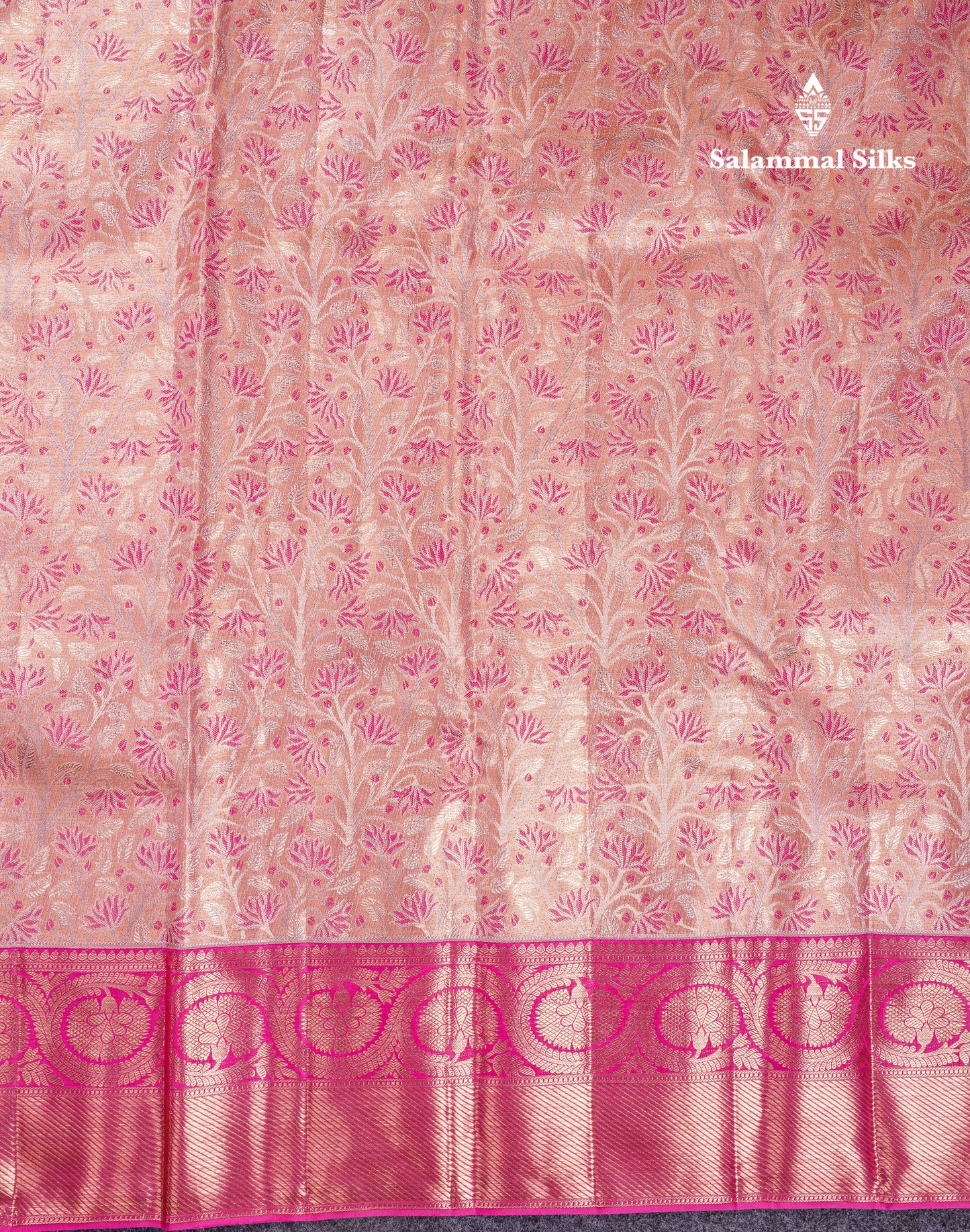Beautiful Peach Pink Tissue Bridal Menakari Work Pure Kanjivaram Silk Saree With Contrast Magenta Pink Traditional Border