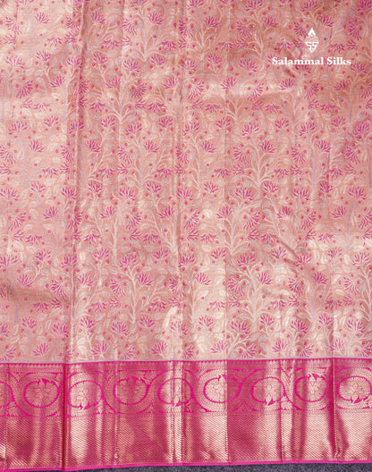 Beautiful Peach Pink Tissue Bridal Menakari Work Pure Kanjivaram Silk Saree With Contrast Magenta Pink Traditional Border