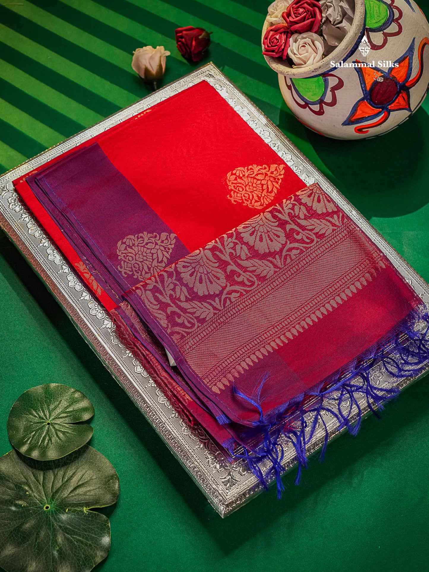 Beautiful Red SICO Cotton Saree With Contrast Violet Blouse