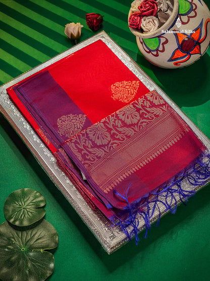 Beautiful Red SICO Cotton Saree With Contrast Violet Blouse