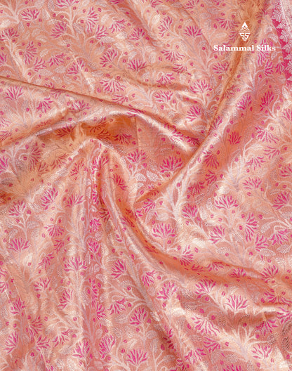 Beautiful Peach Pink Tissue Bridal Menakari Work Pure Kanjivaram Silk Saree With Contrast Magenta Pink Traditional Border