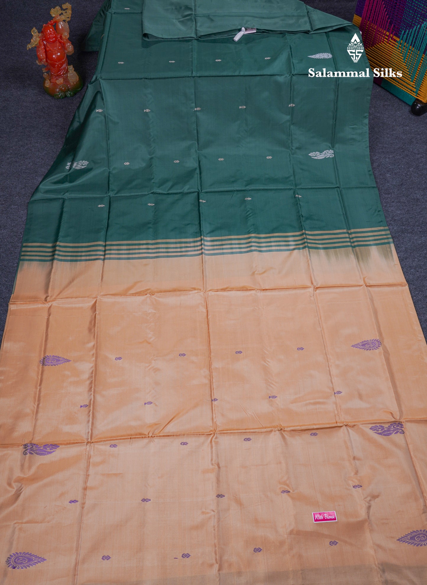 Bottle Green Thread work Buttas Banana Pinth Saree (Vaazhainaar Pattu) With Contrast Sandal Blouse