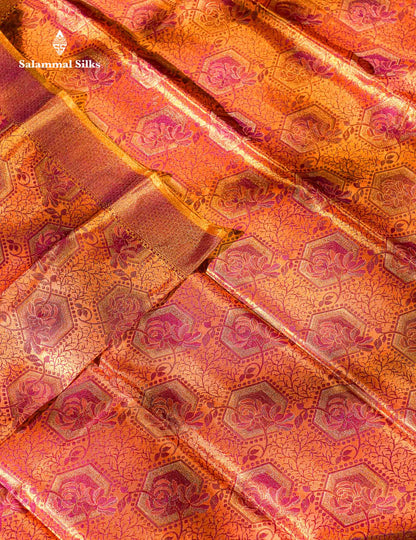 Beautiful Peach Tissue Bridal Menakari Work Fancy Pure Kanjivaram Silk Saree With Contrast Gold Blouse