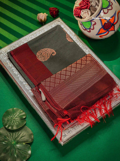 Grey Beautiful Sico Cotton Saree With Contrast Dark Maroon Border