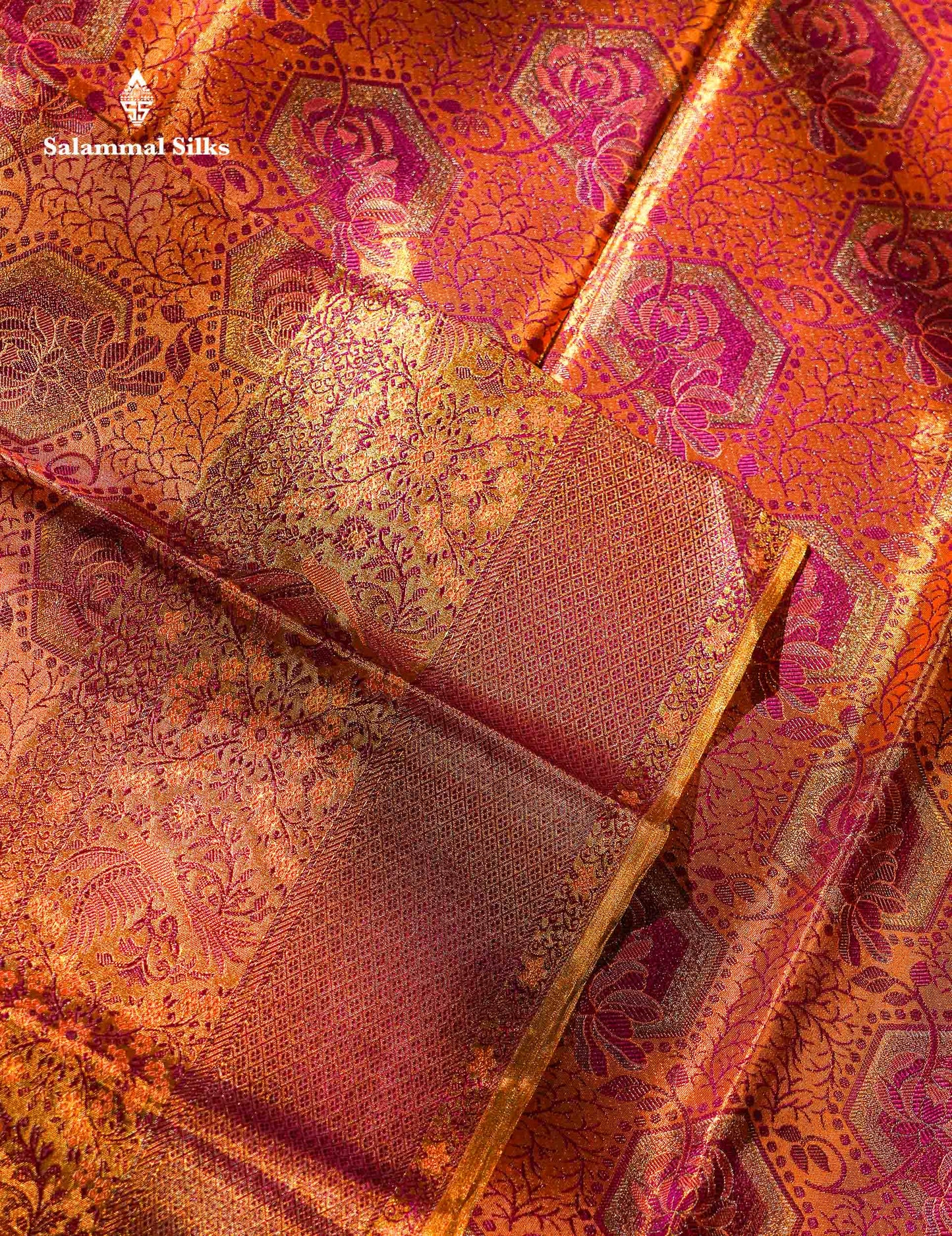 Beautiful Peach Tissue Bridal Menakari Work Fancy Pure Kanjivaram Silk Saree With Contrast Gold Blouse