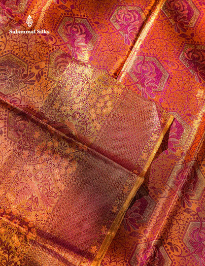 Beautiful Peach Tissue Bridal Menakari Work Fancy Pure Kanjivaram Silk Saree With Contrast Gold Blouse
