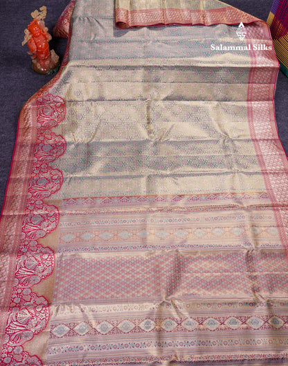 Beautiful Pastel Blue Tissue Bridal Pure Kanjivaram Silk Saree With Contrast Pink Fancy Turning Border