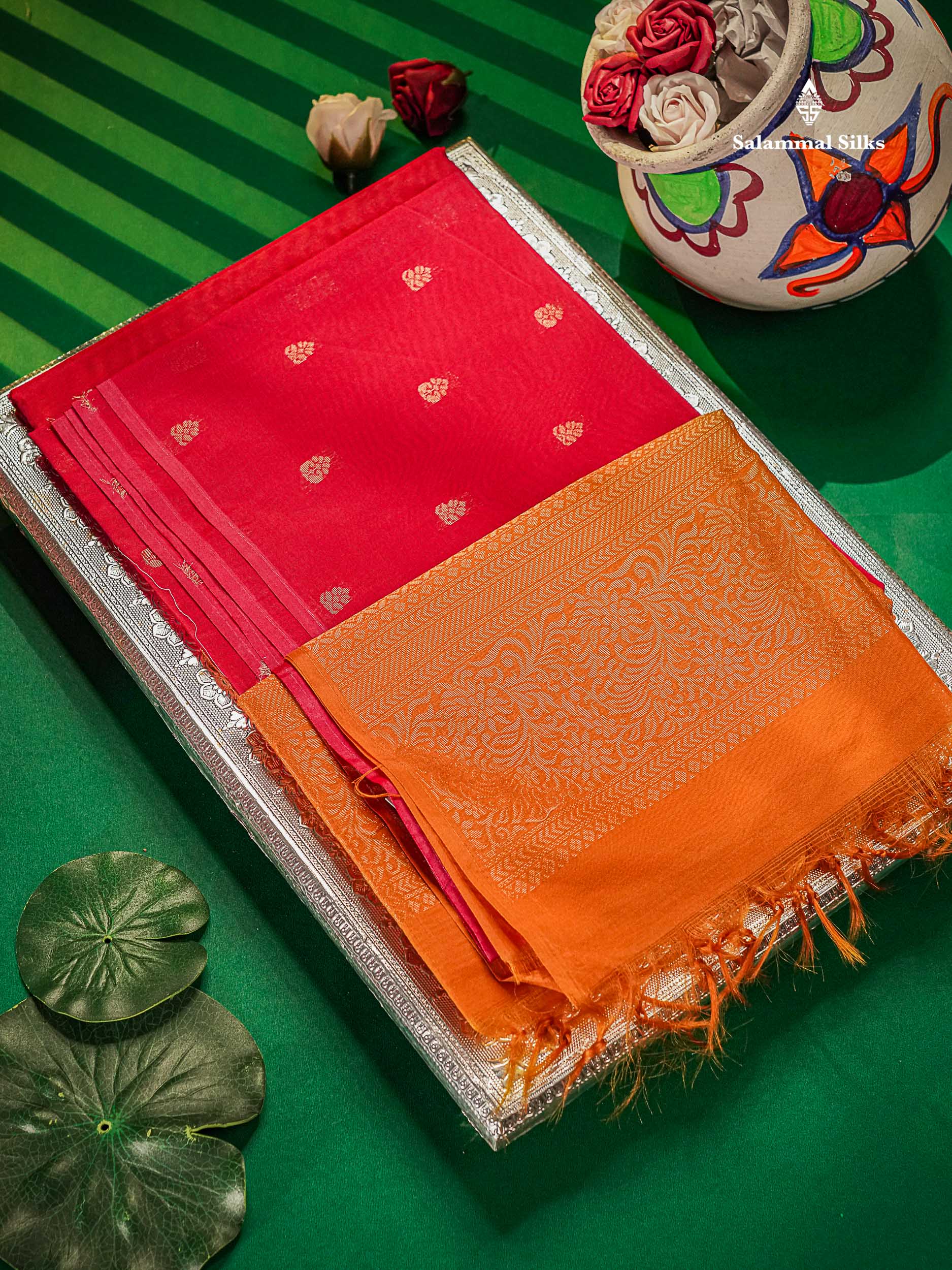 SICO Cotton Saree - Dual Tone Red Colour Body Zari Butta With Contrast Mustard Yellow Blouse 