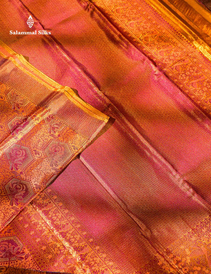Beautiful Peach Tissue Bridal Menakari Work Fancy Pure Kanjivaram Silk Saree With Contrast Gold Blouse