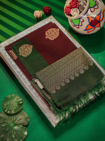 SICO Cotton Saree - Dark Maroon Colour Body Zari Butta With Contrast Bottle Green Fancy Border
