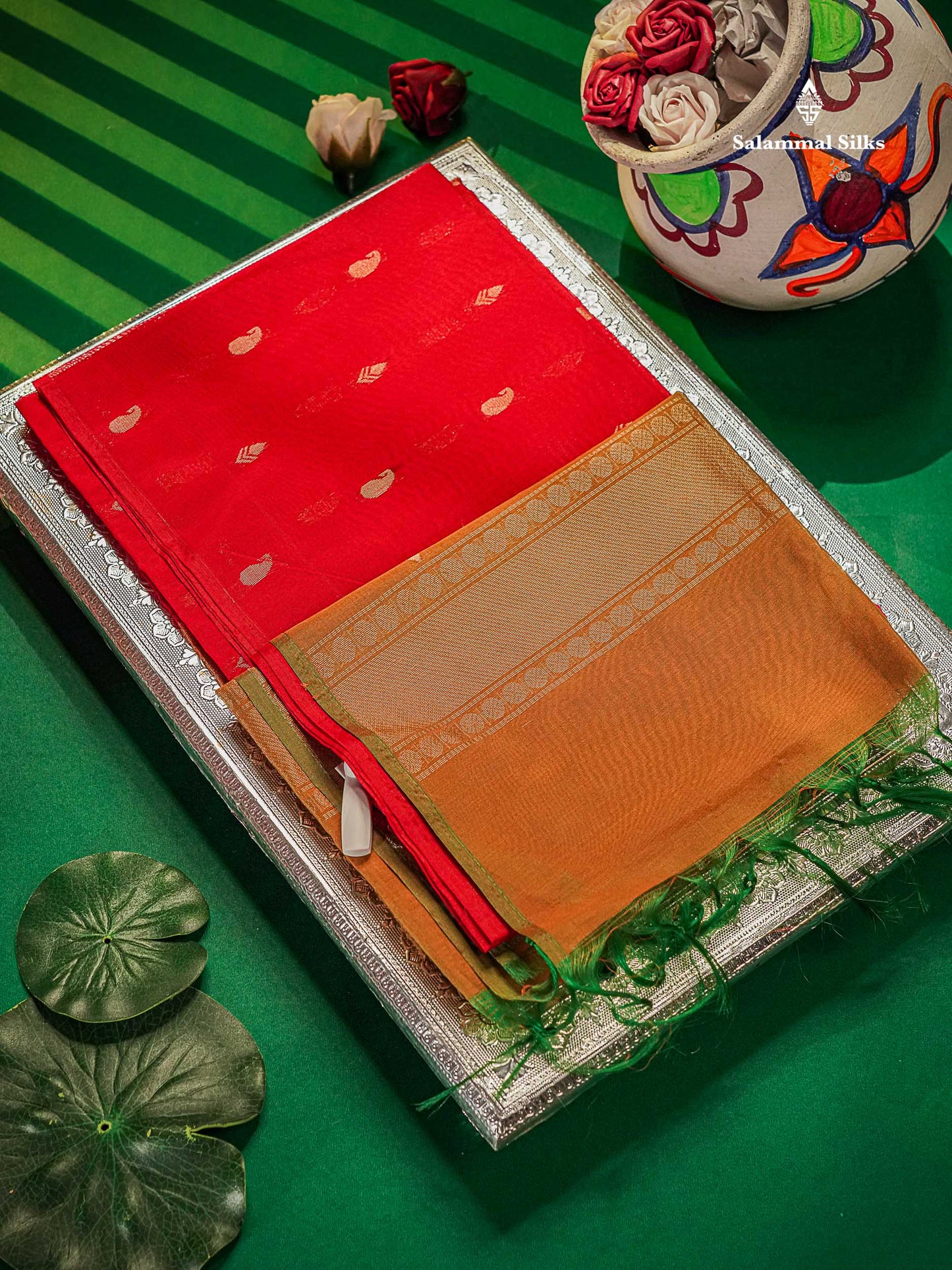 Beautiful Chilly Red Sico Cotton Saree With Contrast Mustard Yellow Blouse