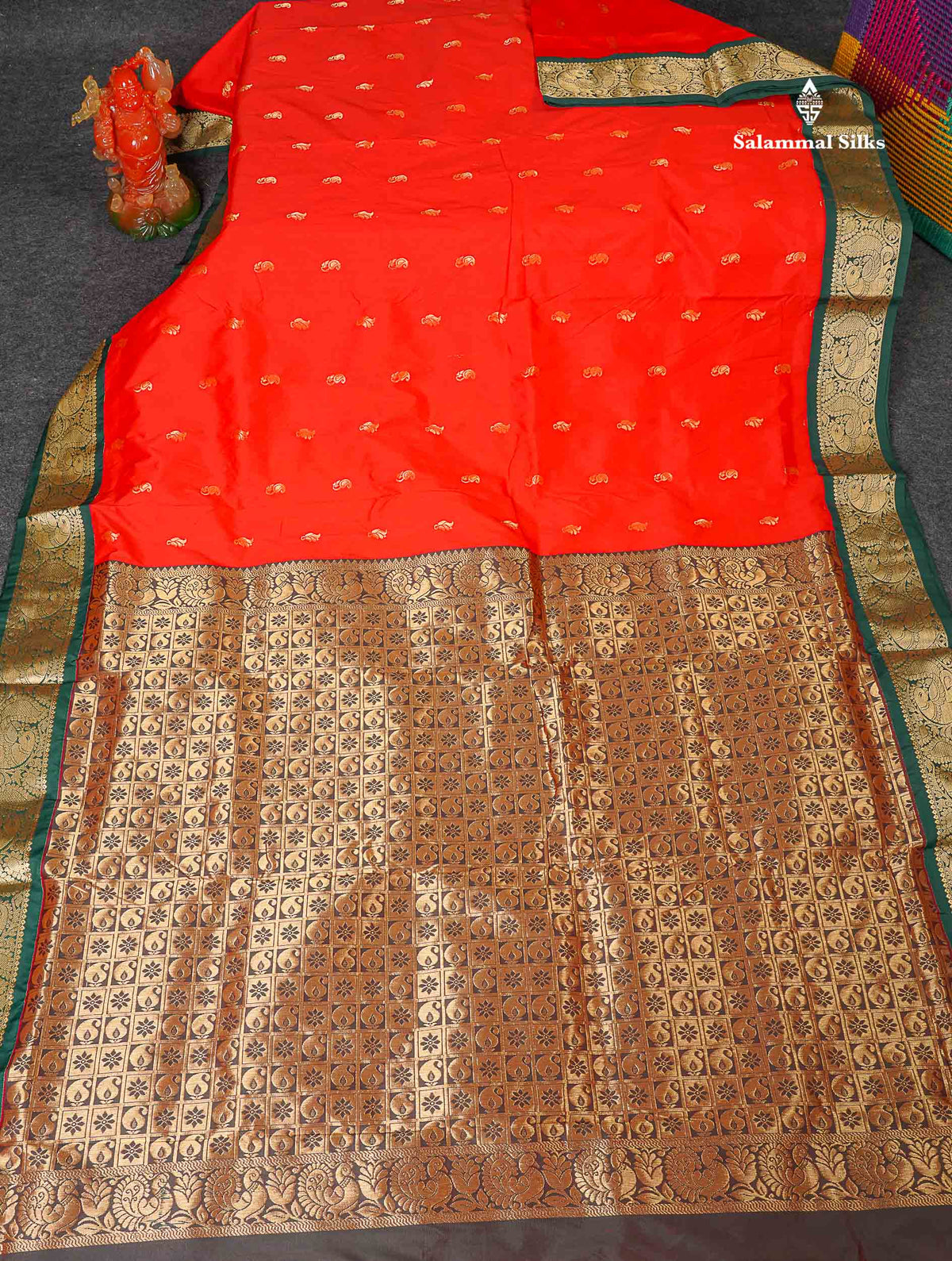 Semi Silk Saree - Chilly Red Colour Body Zari Butta With Bottle Green Border | 9.5 Yards