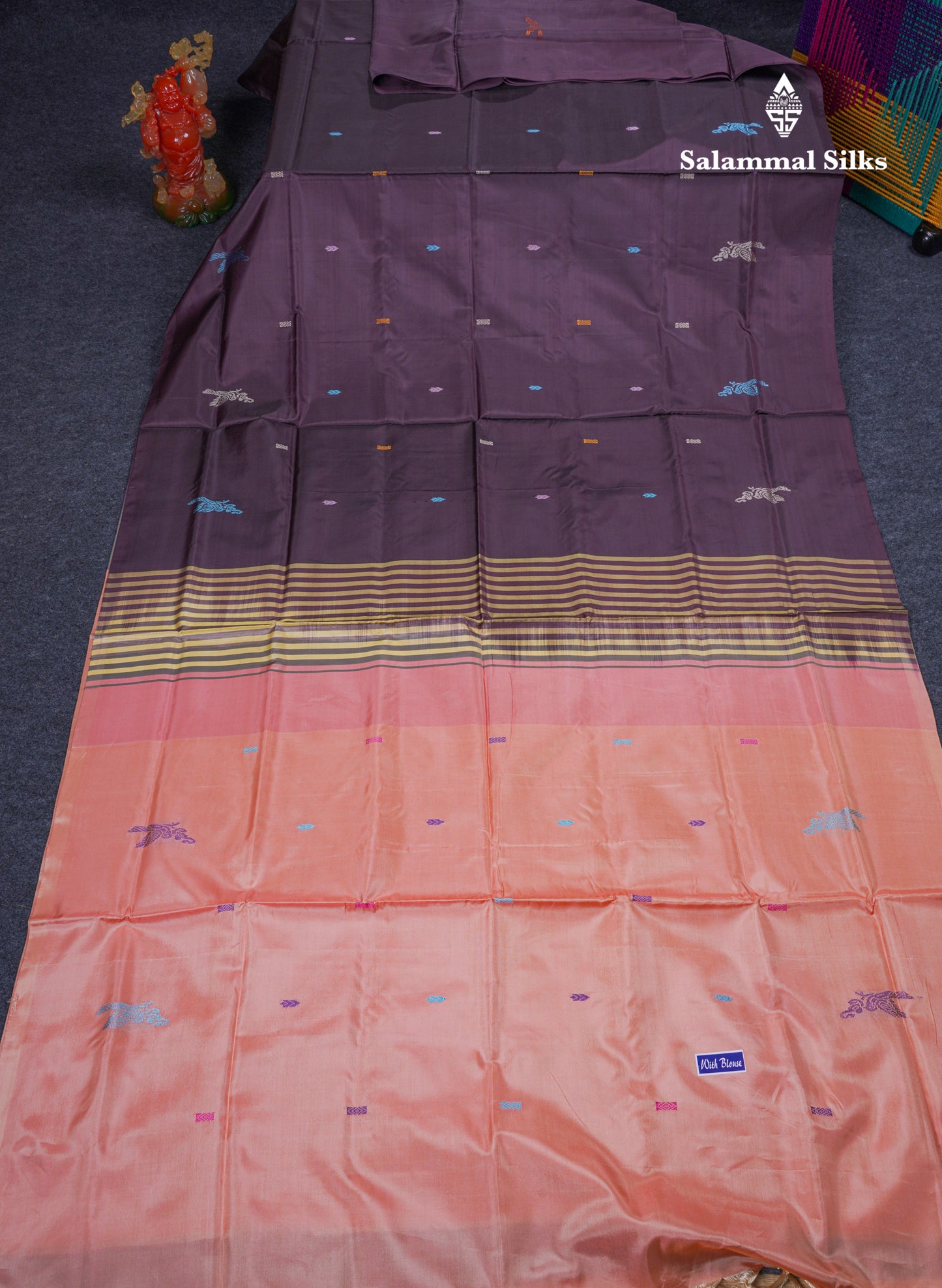 Dark Violet Thread work Buttas Banana Pinth Saree (Vaazhainaar Pattu) With Contrast Peach Blouse