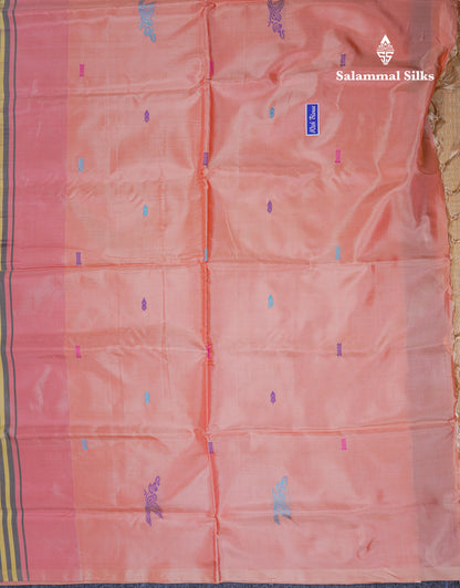 Dark Violet Thread work Buttas Banana Pinth Saree (Vaazhainaar Pattu) With Contrast Peach Blouse