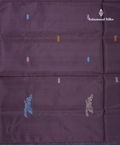 Dark Violet Thread work Buttas Banana Pinth Saree (Vaazhainaar Pattu) With Contrast Peach Blouse