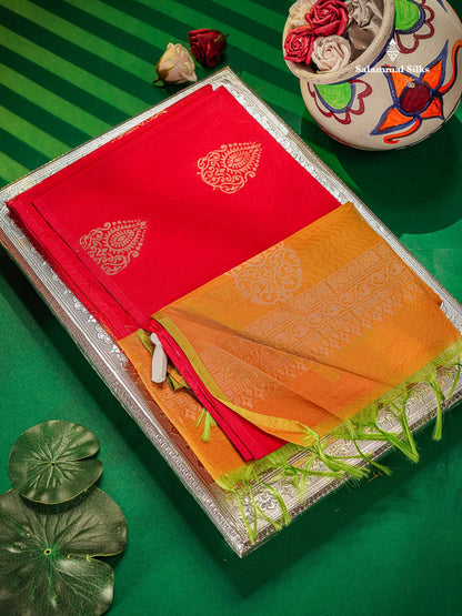 Beautiful Reddish Pink Sico Cotton Saree With Contrast Mustard Yellow Blouse