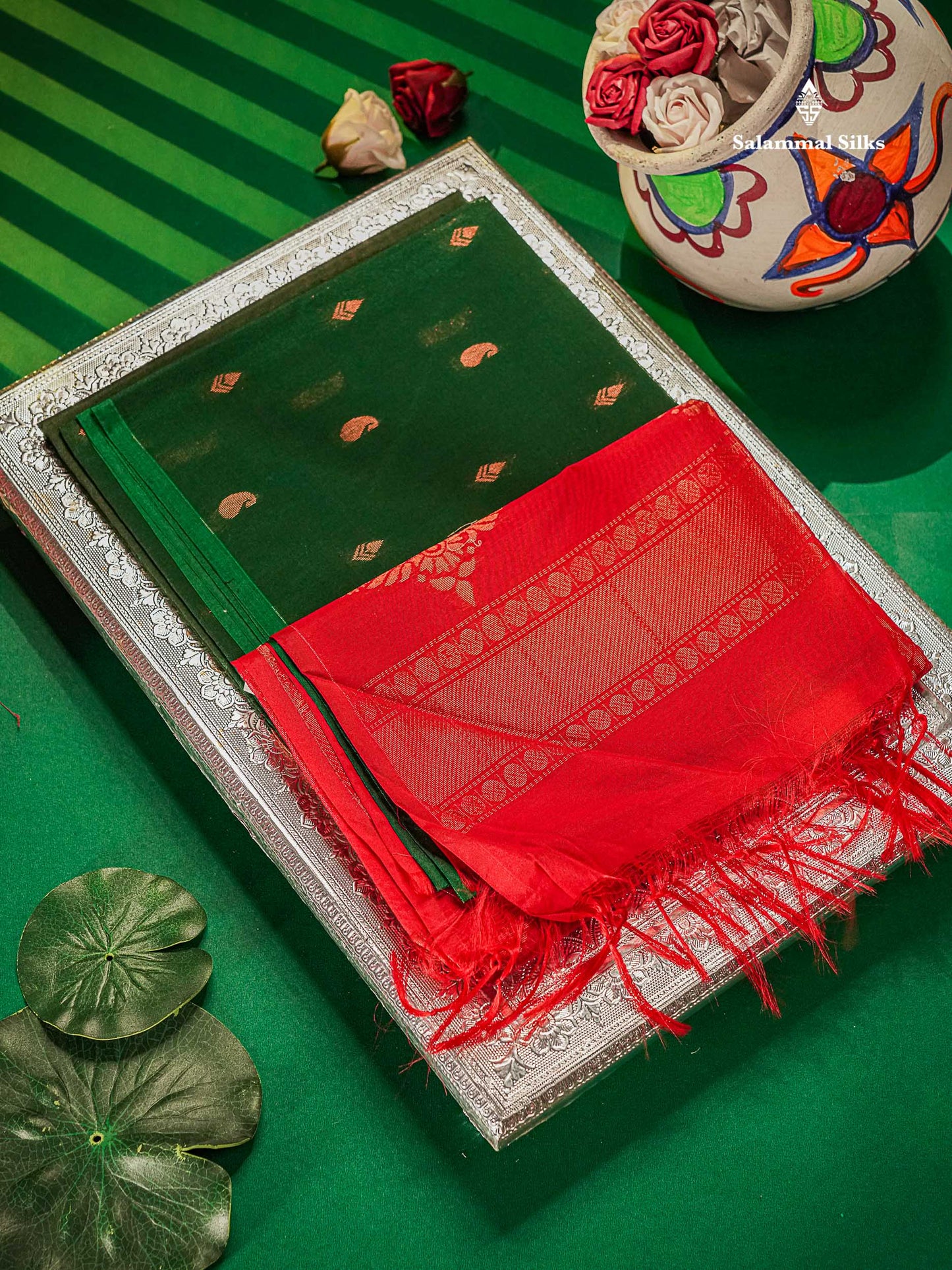 Bottle Green Beautiful Sico Cotton Saree With Contrast Chilly Red Blouse