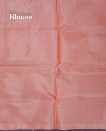 Dark Violet Thread work Buttas Banana Pinth Saree (Vaazhainaar Pattu) With Contrast Peach Blouse