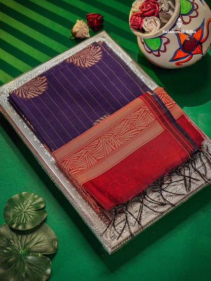 Beautiful Violet Fancy Kora Cotton Saree With Contrast Maroon Blouse