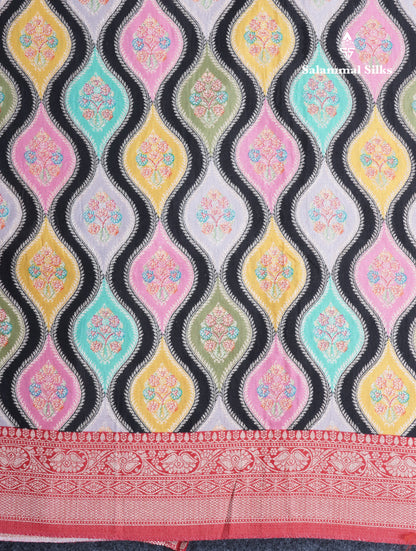 Black Wave Pattern Banarasi Semi Georgette Saree With Contrast Red Blouse