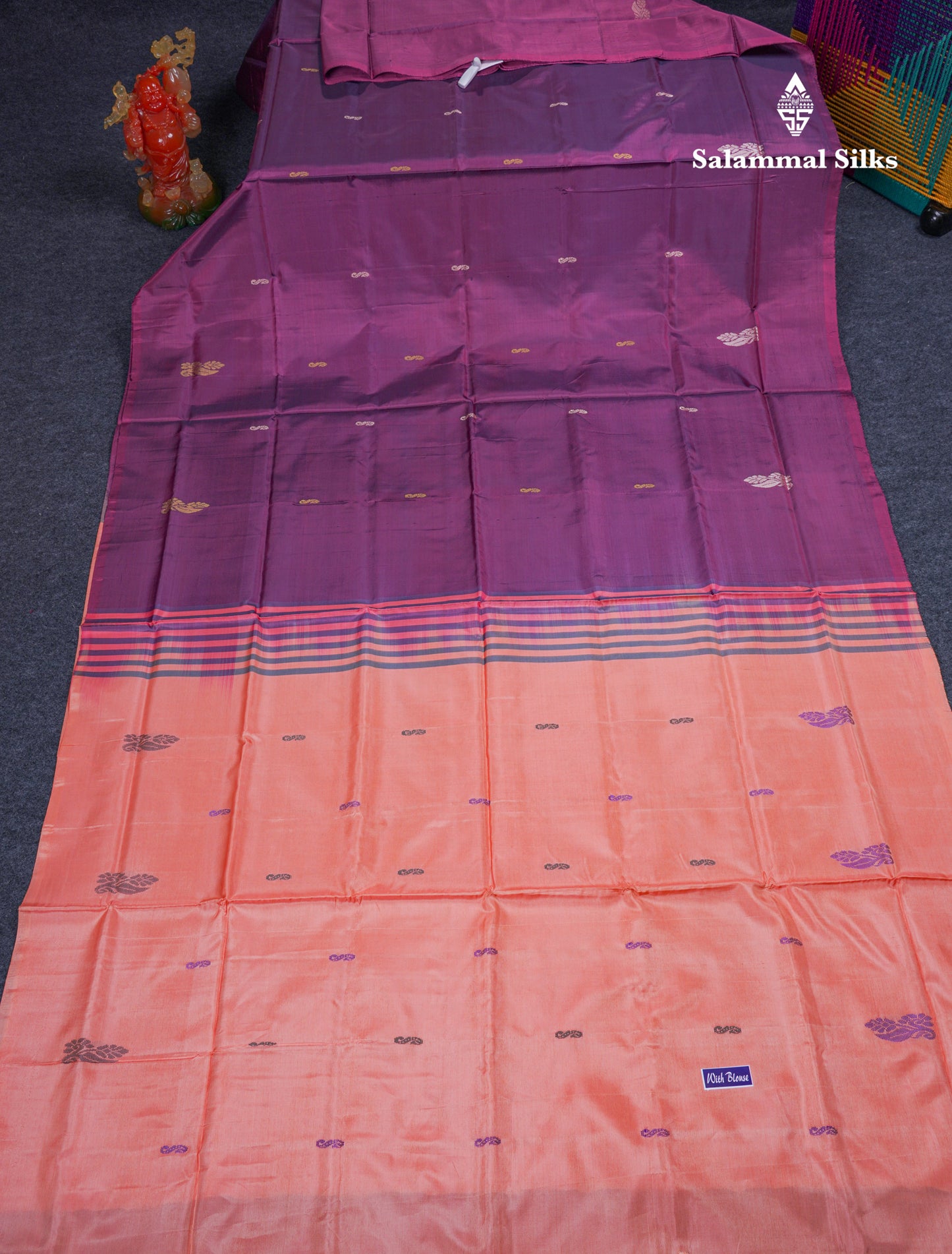Dark Purple Thread work Buttas Banana Pinth Saree (Vaazhainaar Pattu) With Contrast Dark Peach Blouse