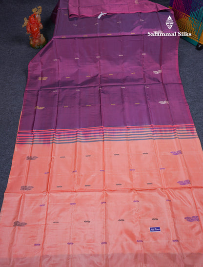 Dark Purple Thread work Buttas Banana Pinth Saree (Vaazhainaar Pattu) With Contrast Dark Peach Blouse