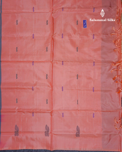 Dark Purple Thread work Buttas Banana Pinth Saree (Vaazhainaar Pattu) With Contrast Dark Peach Blouse