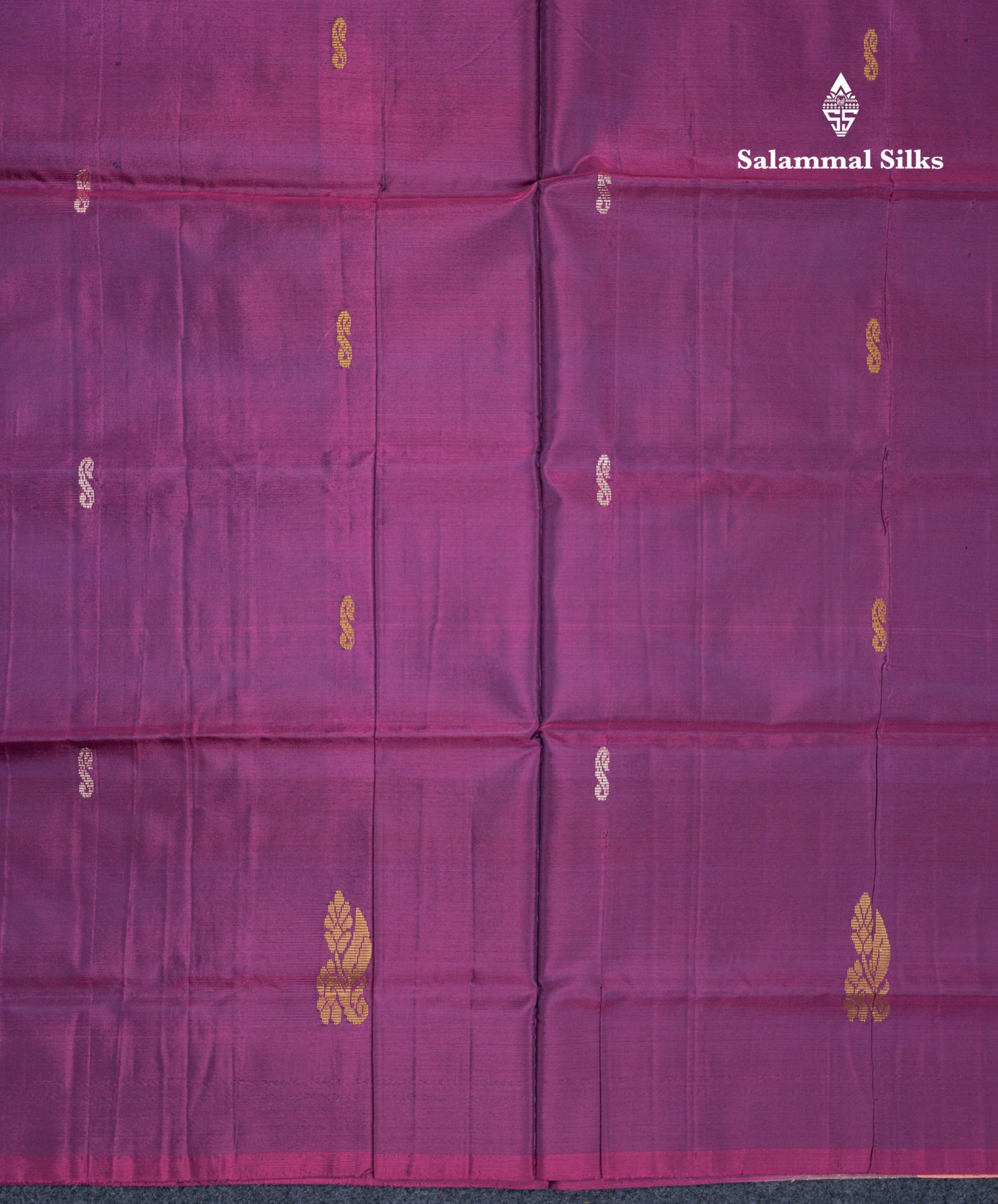 Dark Purple Thread work Buttas Banana Pinth Saree (Vaazhainaar Pattu) With Contrast Dark Peach Blouse