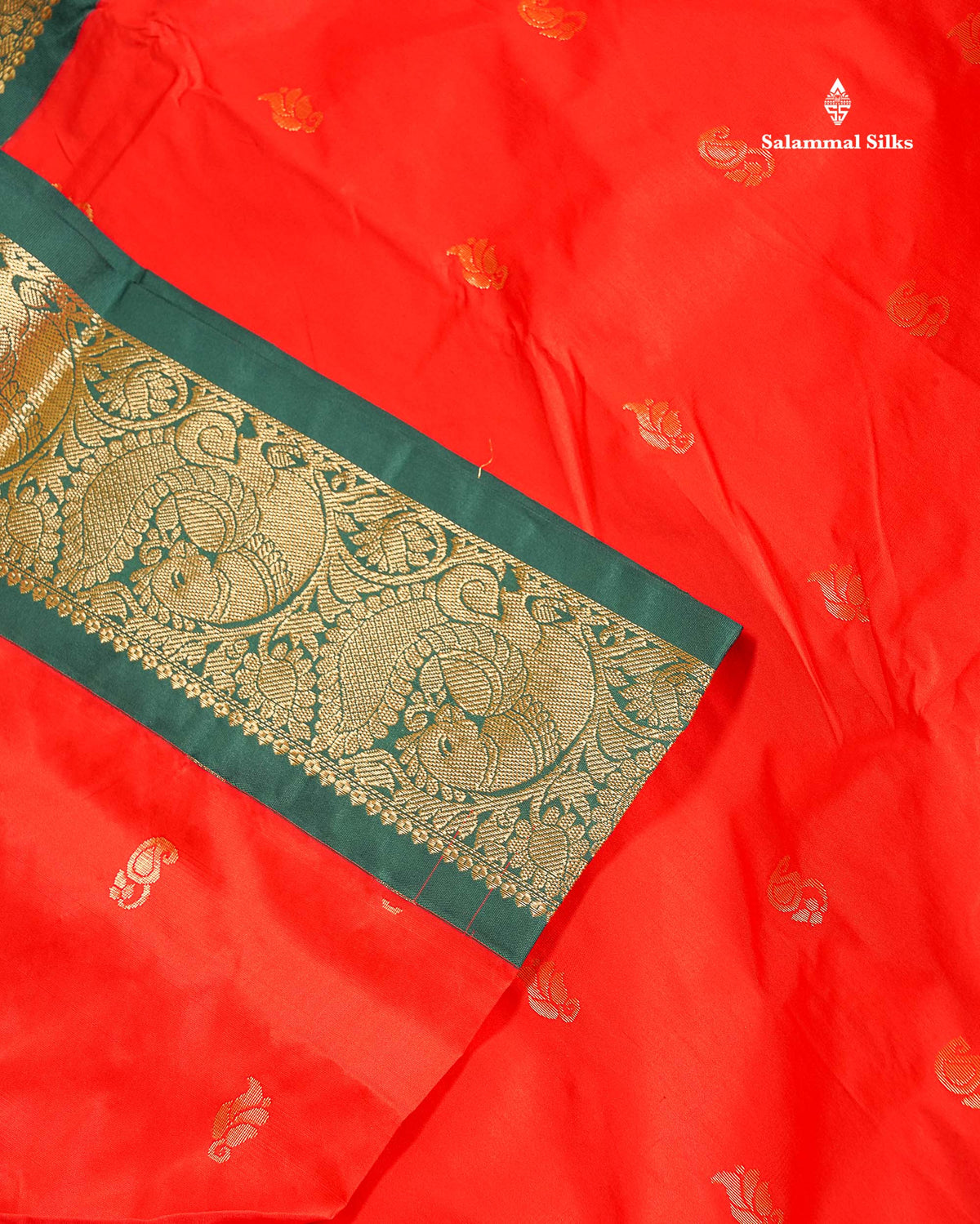 Semi Silk Saree - Chilly Red Colour Body Zari Butta With Bottle Green Border | 9.5 Yards